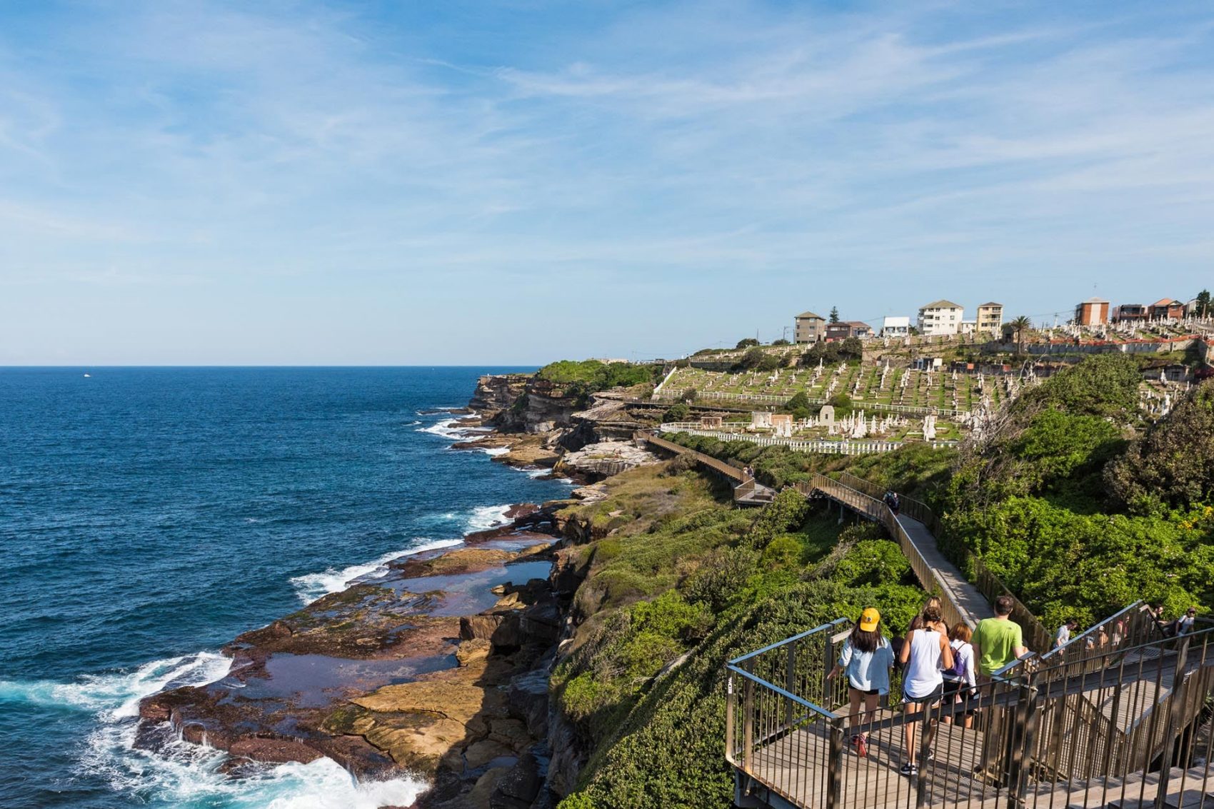 People walking to Waverley Cemetery along the Bondi to Coogee coastal walk in Sydney, Australia. A cliff top coastal walk featuring stunning views, beaches, parks, cliffs, bays and rock pools. Credit: Angelina Pilarinos/Shutterstock